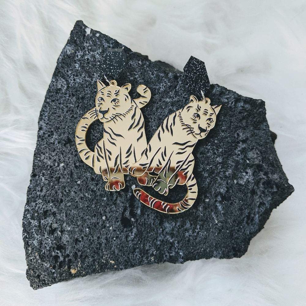 Gold Tiger Mirror Oversized Statement Earrings